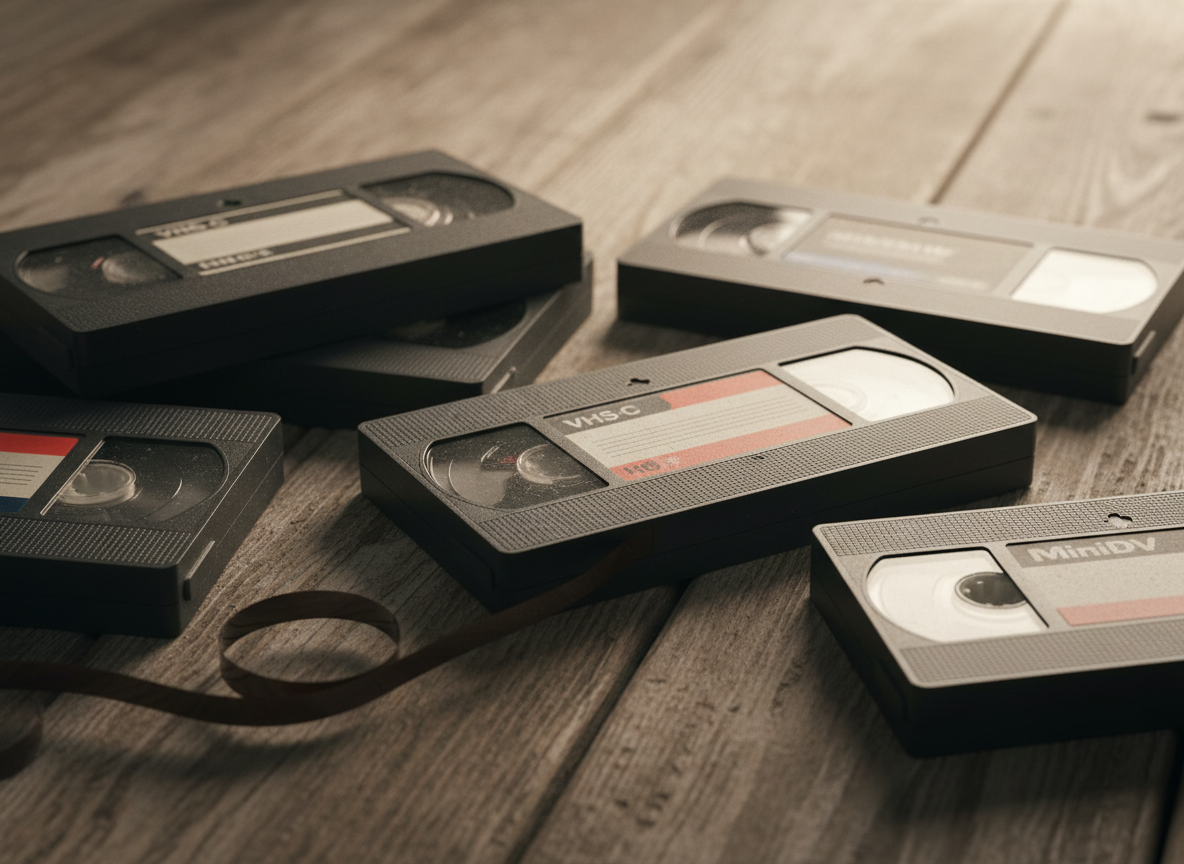 Fitas VHS, K7 e outras mídias antigas com sinais sutis do tempo sobre superfície de madeira com iluminação suave