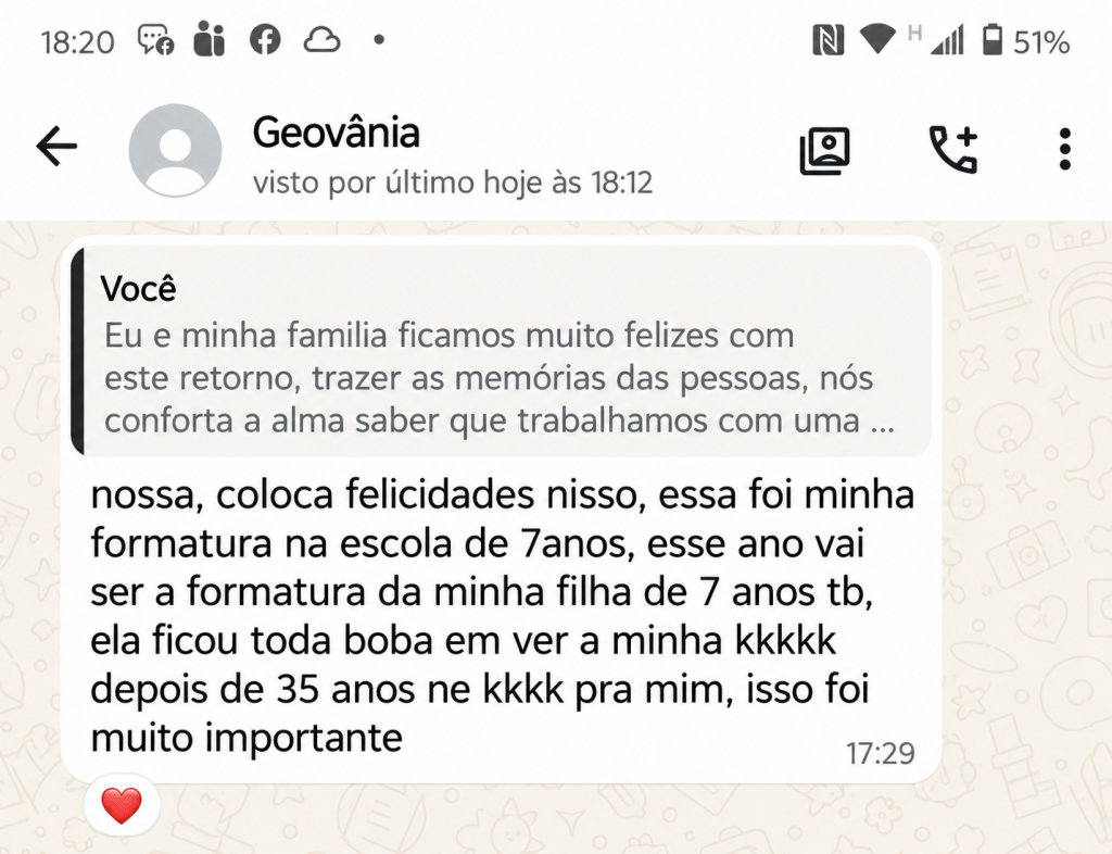 Conversa real da cliente Geovânia sobre a digitalização da fita da sua formatura
