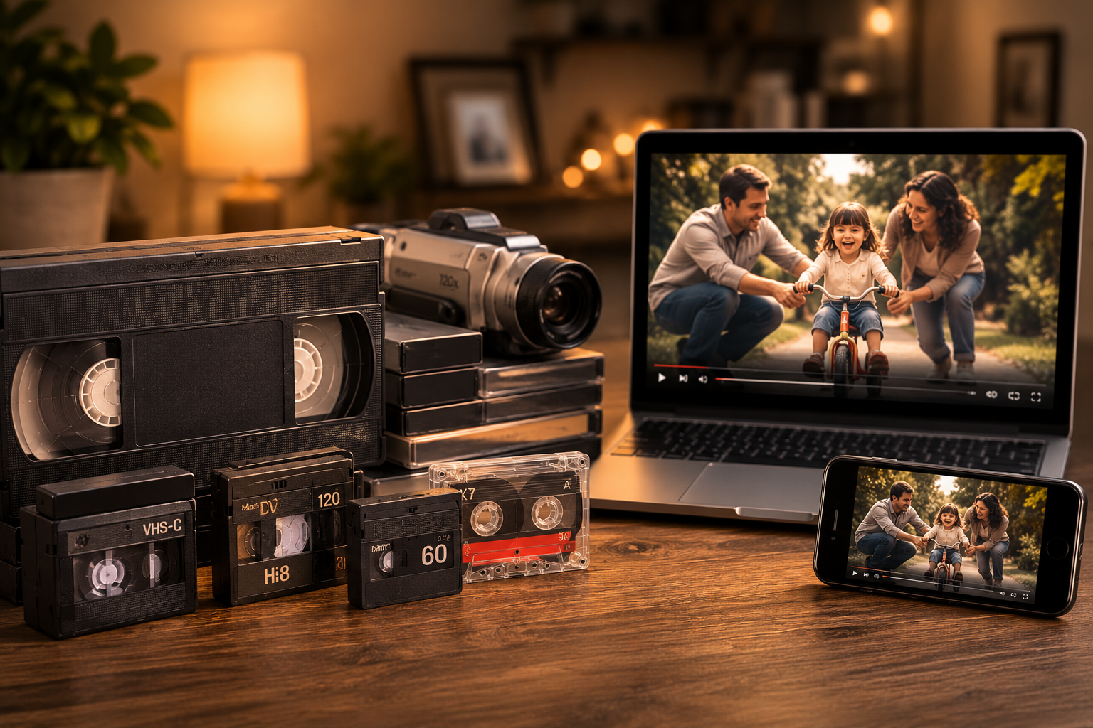 Memórias digitalizadas - Fitas VHS, câmeras e computadores mostrando vídeos em família